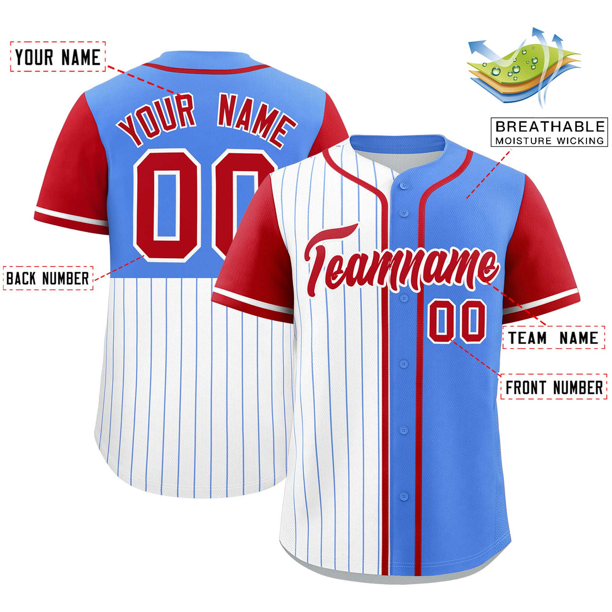 Custom White Powder Blue and Red Pinstripe Personalized Raglan Sleeves Authentic Baseball Jersey