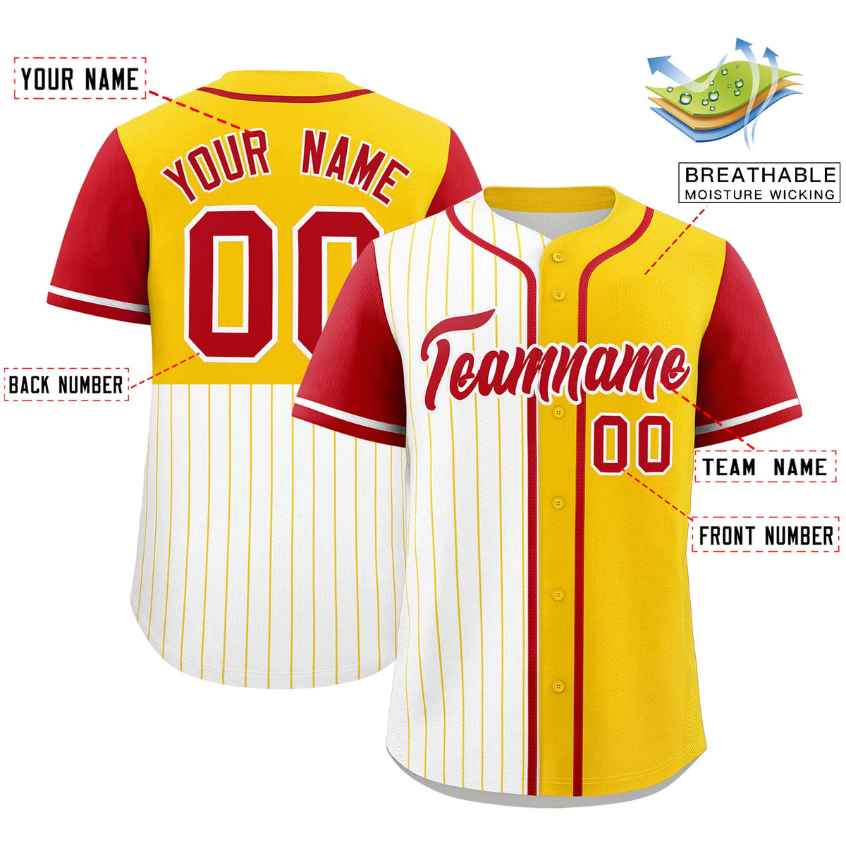 Custom White Gold and Red Pinstripe Personalized Raglan Sleeves Authentic Baseball Jersey