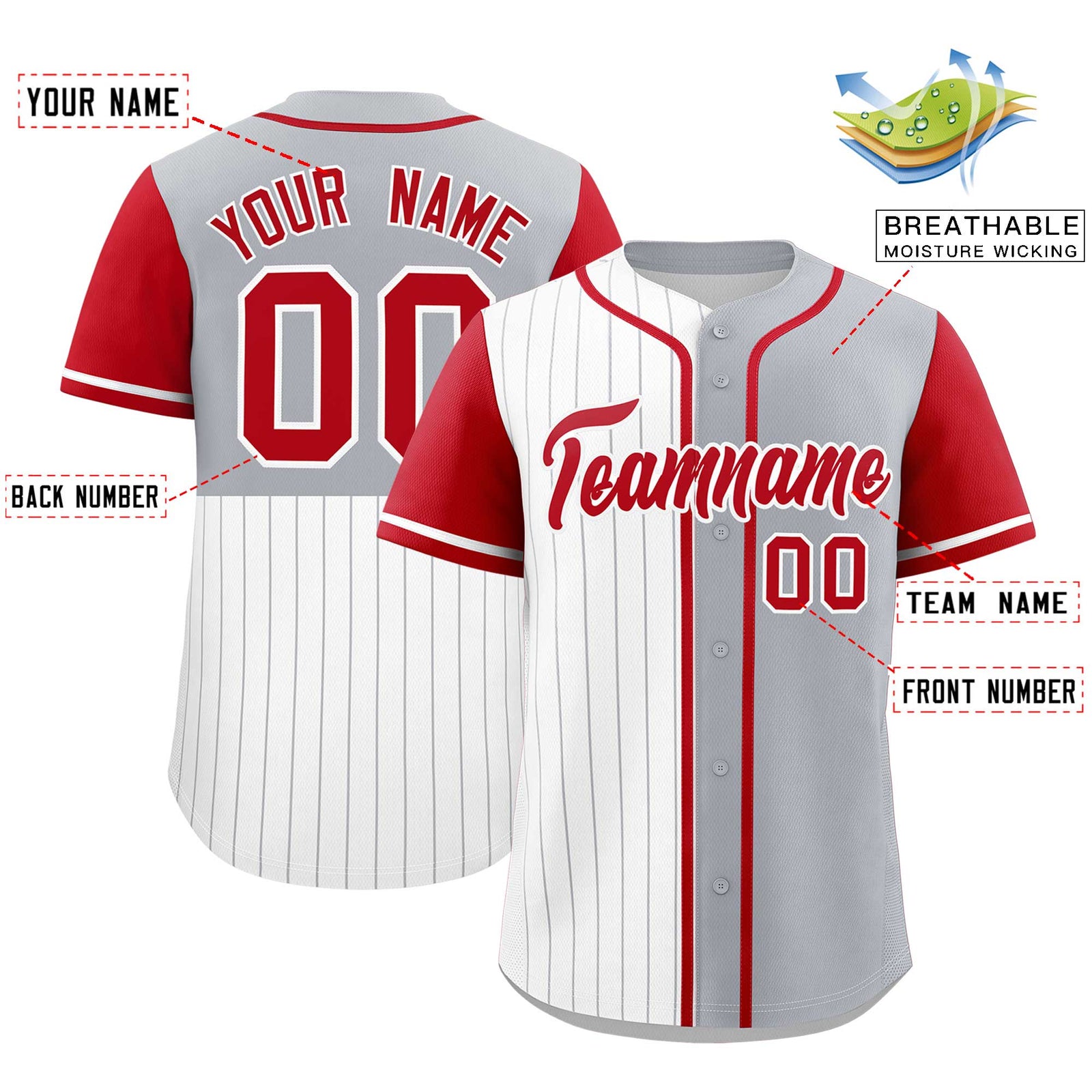 Custom White Gray and Red Pinstripe Personalized Raglan Sleeves Authentic Baseball Jersey
