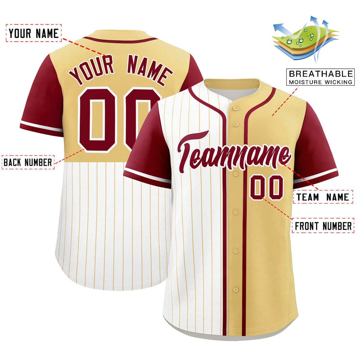 Custom White Khaki and Crimson Pinstripe Personalized Raglan Sleeves Authentic Baseball Jersey