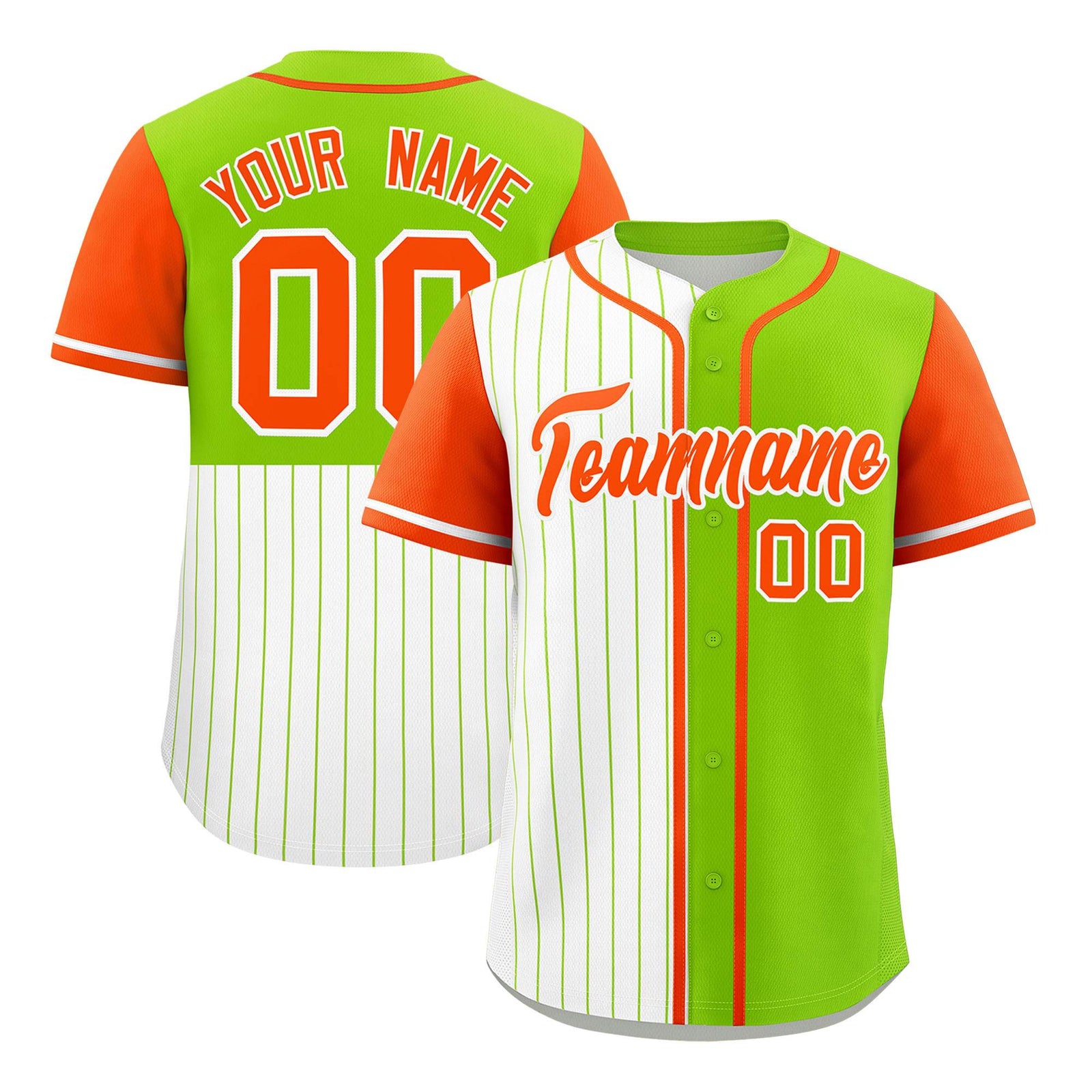 Custom White Neon Green and Orange Pinstripe Personalized Raglan Sleeves Authentic Baseball Jersey