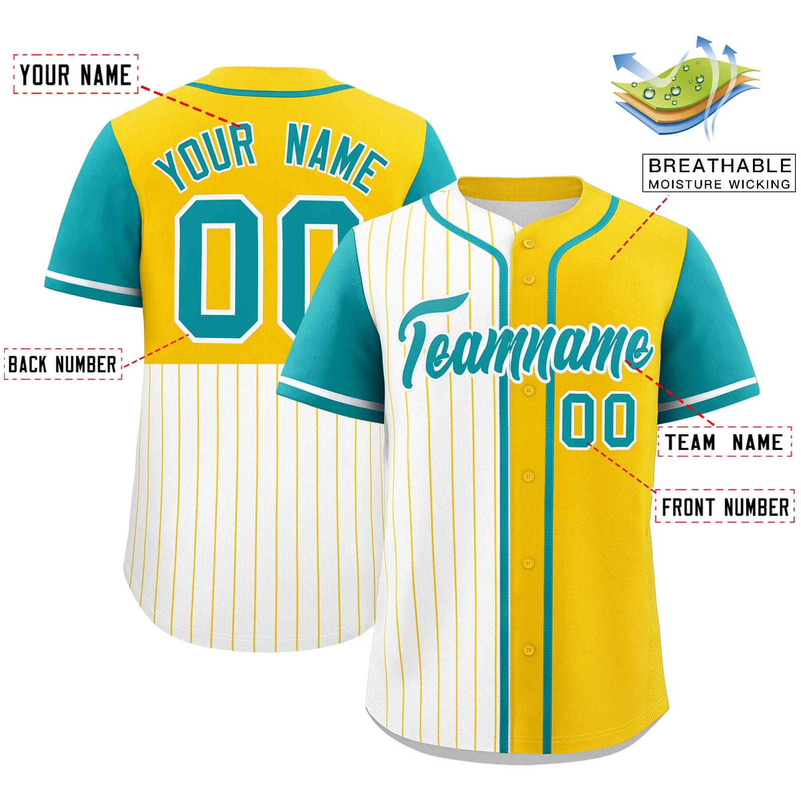 Custom White Gold and Aqua Pinstripe Personalized Raglan Sleeves Authentic Baseball Jersey