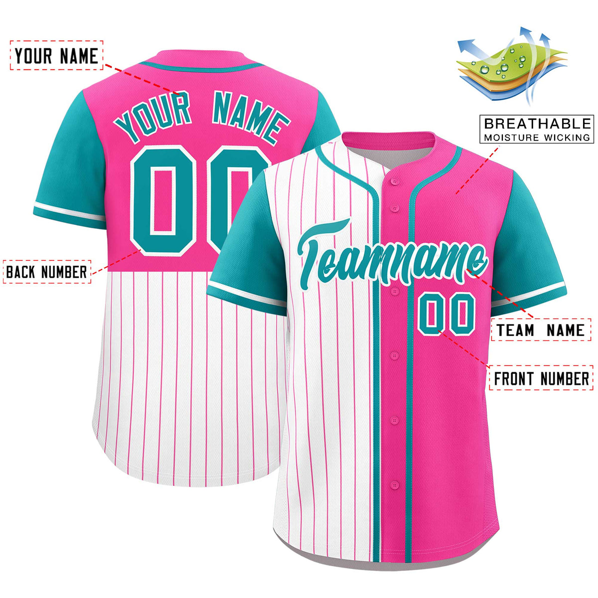 Custom White Pink and Aqua Pinstripe Personalized Raglan Sleeves Authentic Baseball Jersey