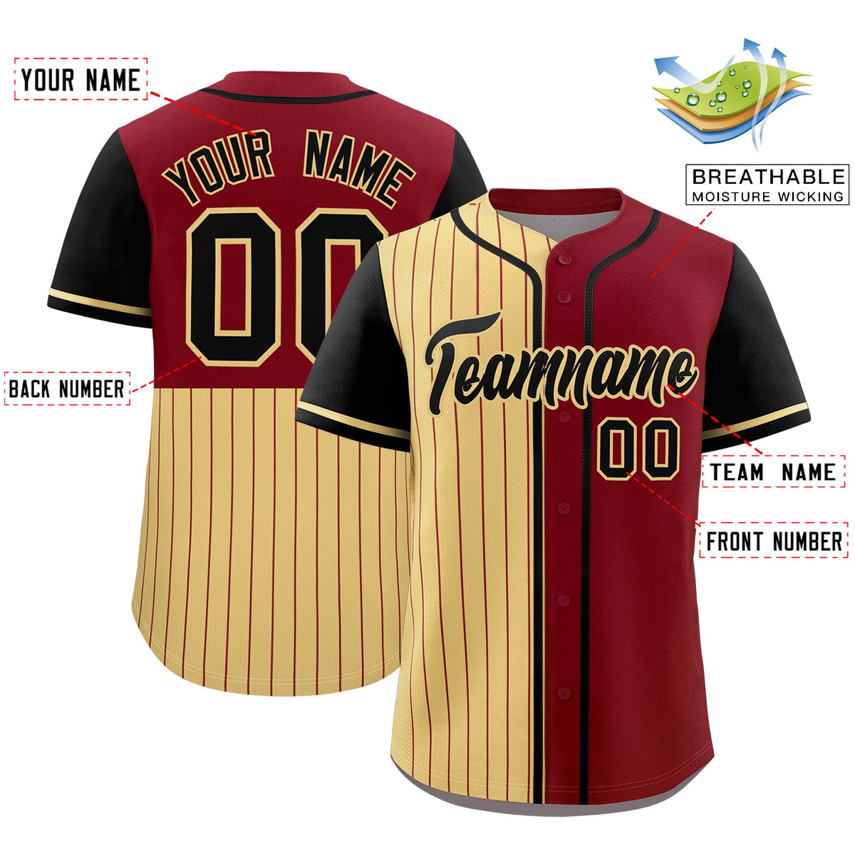 Custom Khaki Crimson and Black Pinstripe Personalized Raglan Sleeves Authentic Baseball Jersey