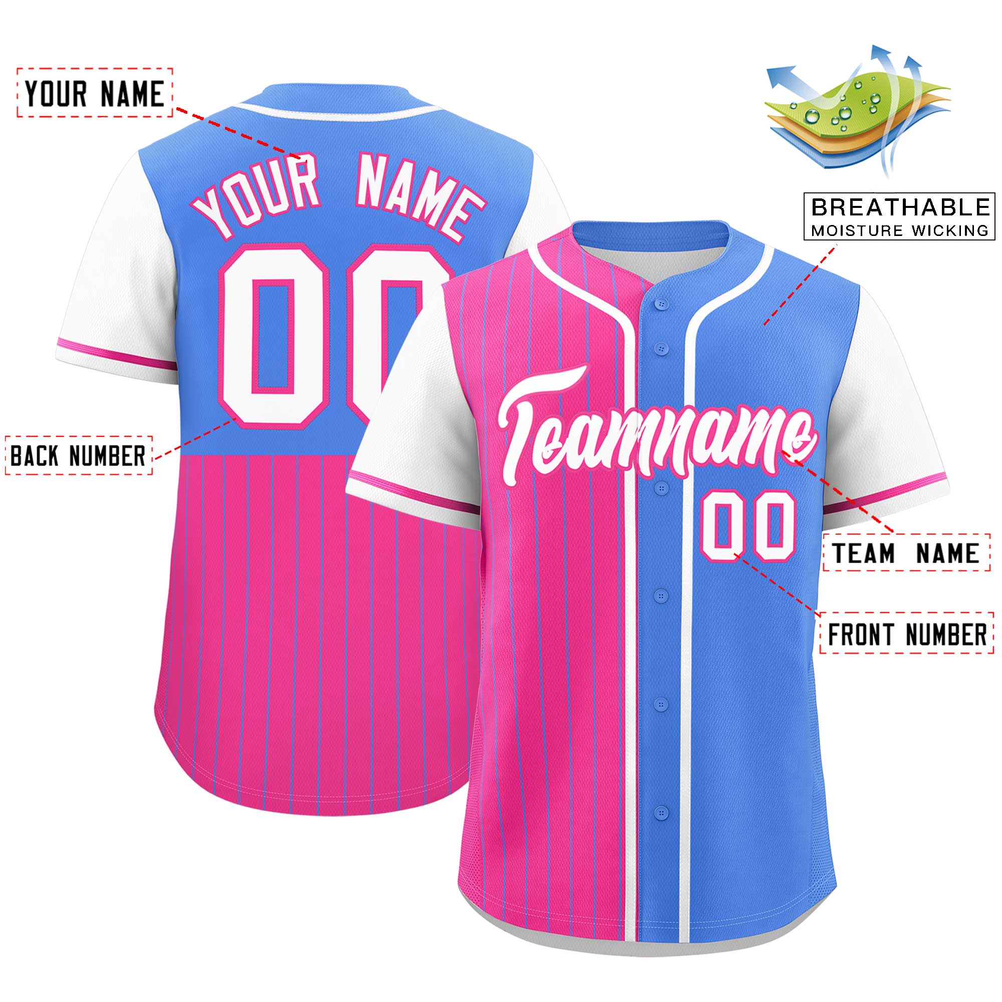 Custom Pink Powder Blue and White Pinstripe Personalized Raglan Sleeves Authentic Baseball Jersey