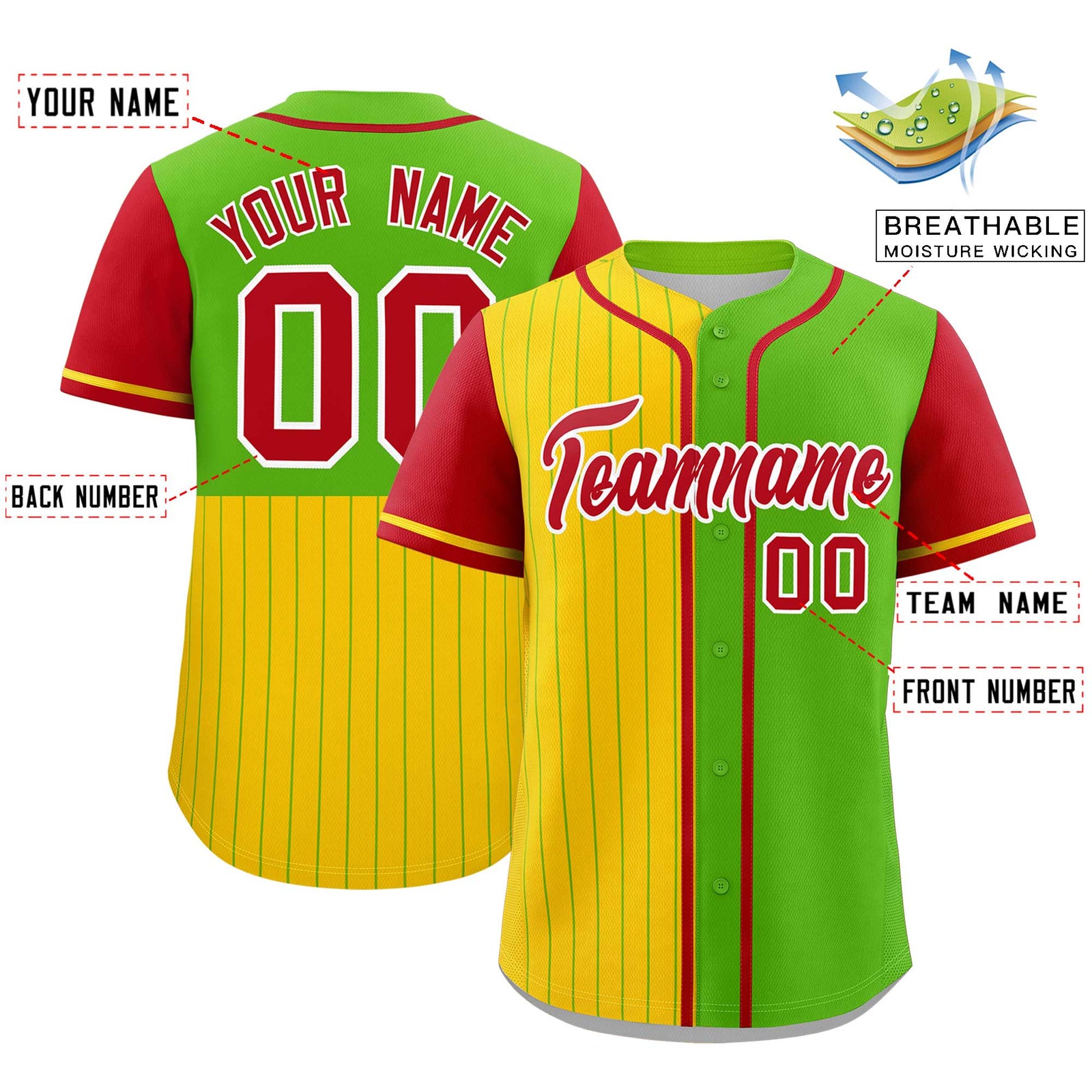 Custom Gold Neon Green and Red Pinstripe Personalized Raglan Sleeves Authentic Baseball Jersey