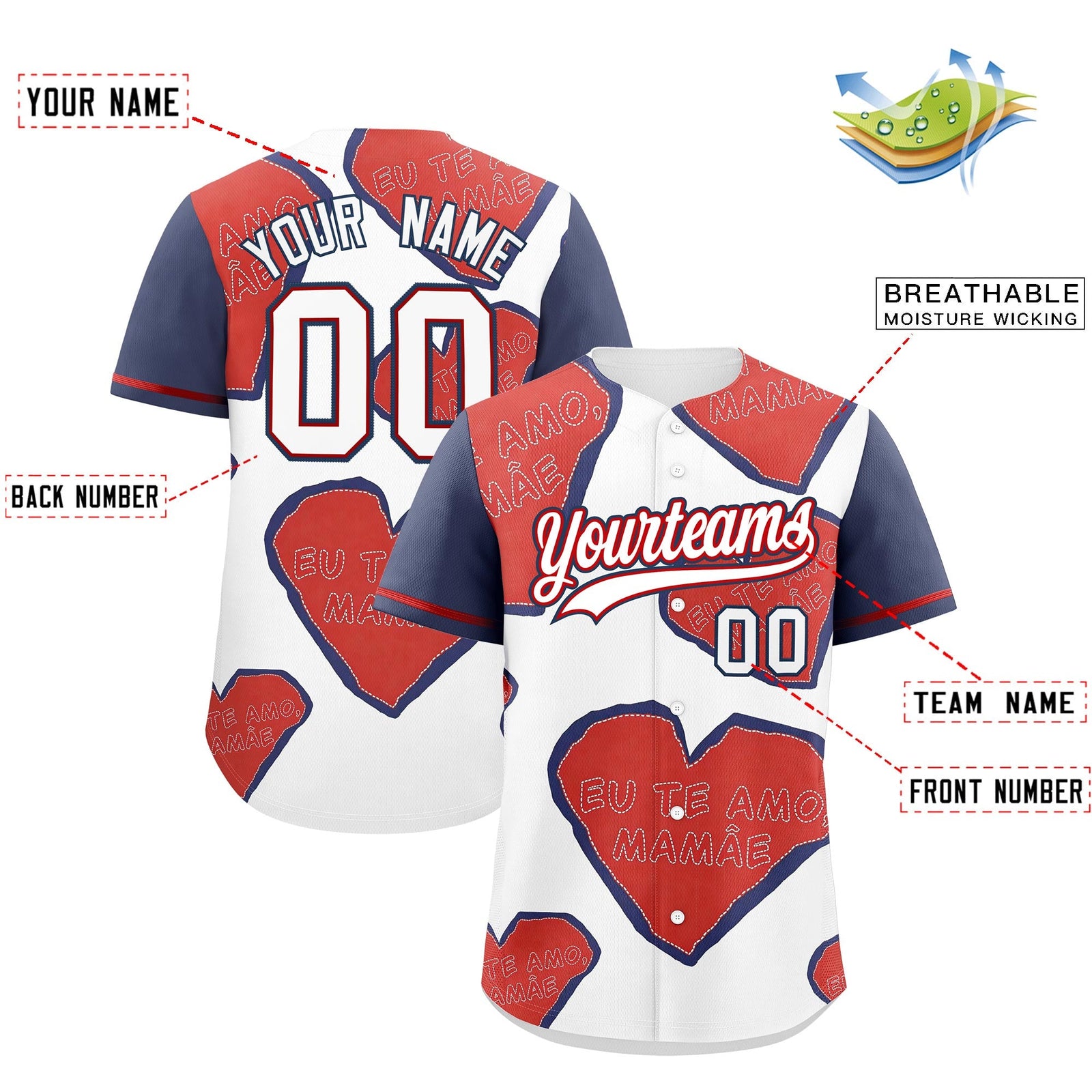 Custom White Red Midnight Blue Mother's Day Style Graffiti Pattern Quick Dry Baseball Jersey| KXKSHOP