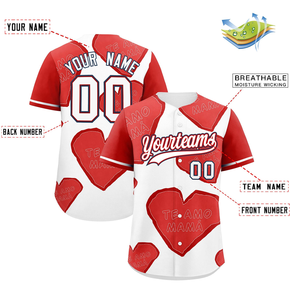 Custom White Red Mother's Day Style Graffiti Pattern Quick Dry Baseball Jersey| KXKSHOP