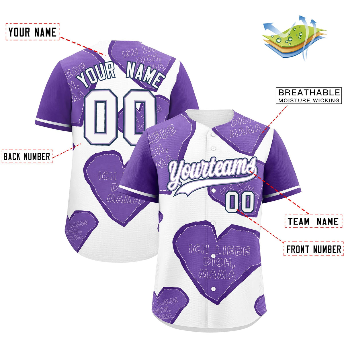Custom White Light Purple Mother's Day Style Graffiti Pattern Stretch Fabric Baseball Jersey| KXKSHOP