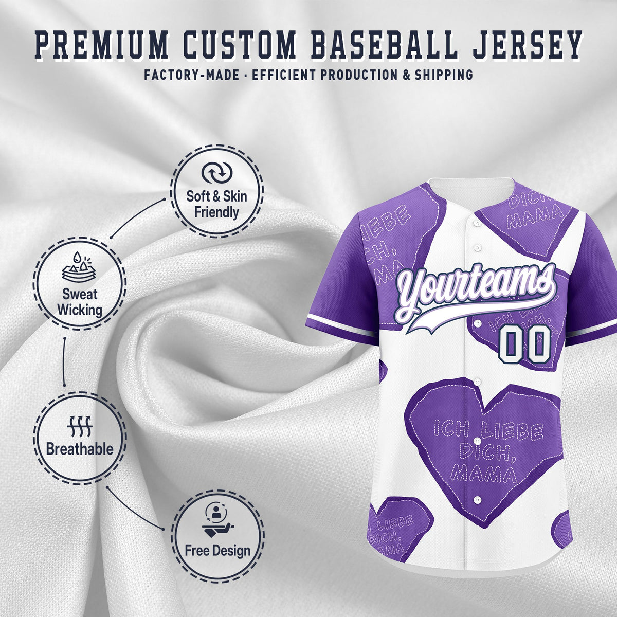 Custom White Light Purple Mother's Day Style Graffiti Pattern Stretch Fabric Baseball Jersey| KXKSHOP