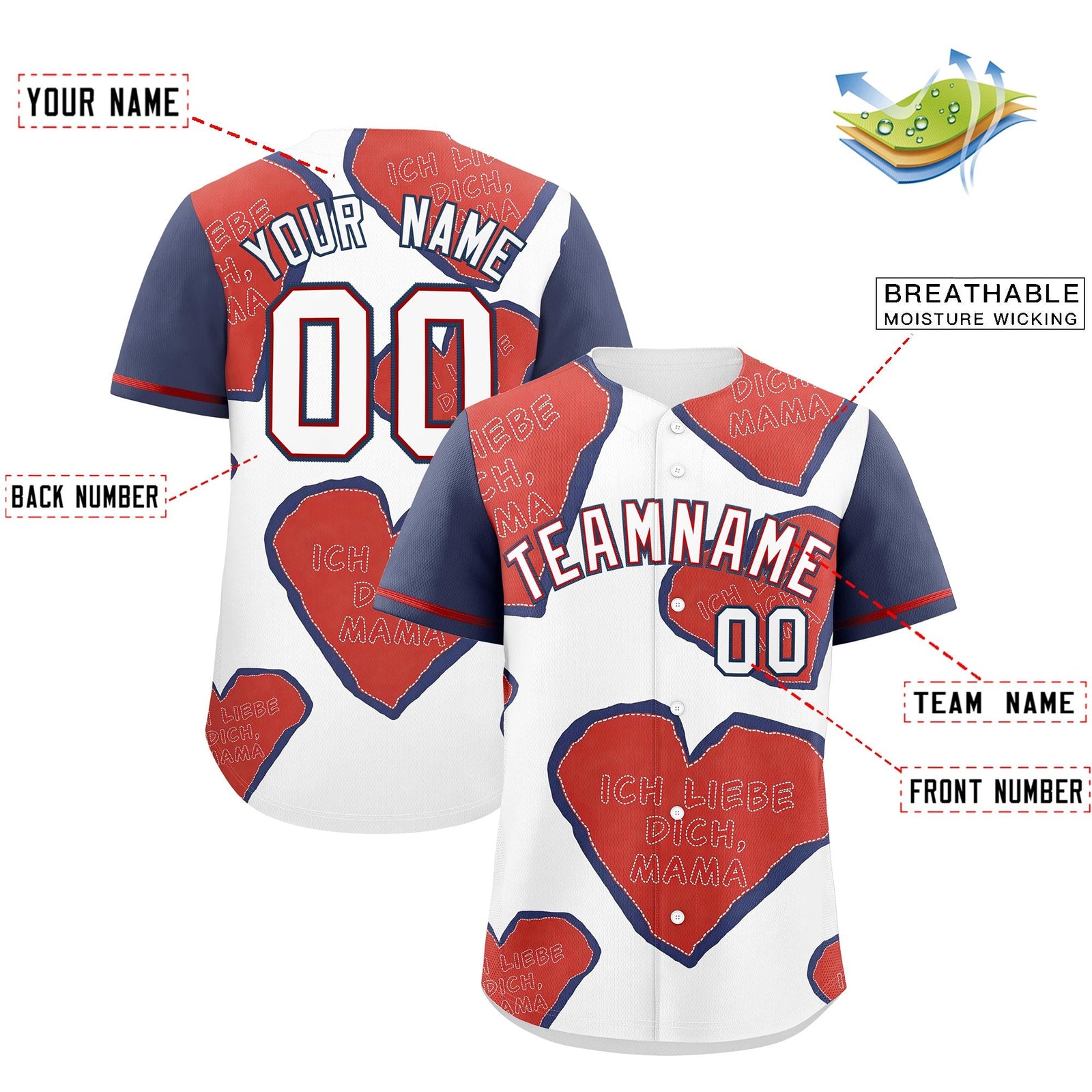 Custom White Red Midnight Blue Mother's Day Style Graffiti Pattern Stretch Fabric Baseball Jersey| KXKSHOP
