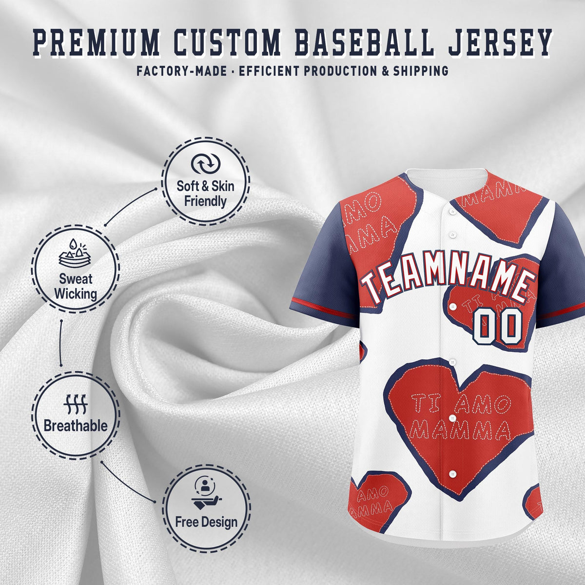 Custom White Red Midnight Blue Mother's Day Style Graffiti Pattern Moisture-Wicking Baseball Jersey| KXKSHOP