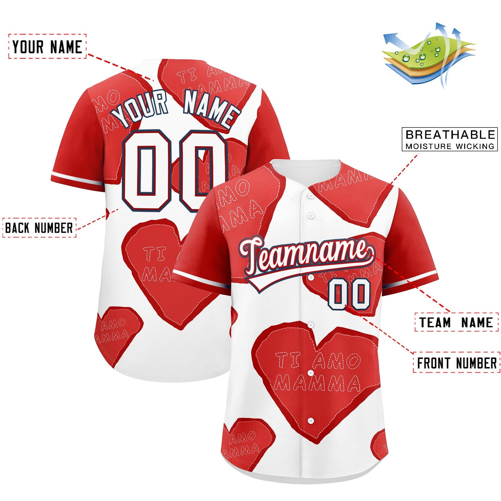 Custom White Red Mother's Day Style Graffiti Pattern Moisture-Wicking Baseball Jersey| KXKSHOP