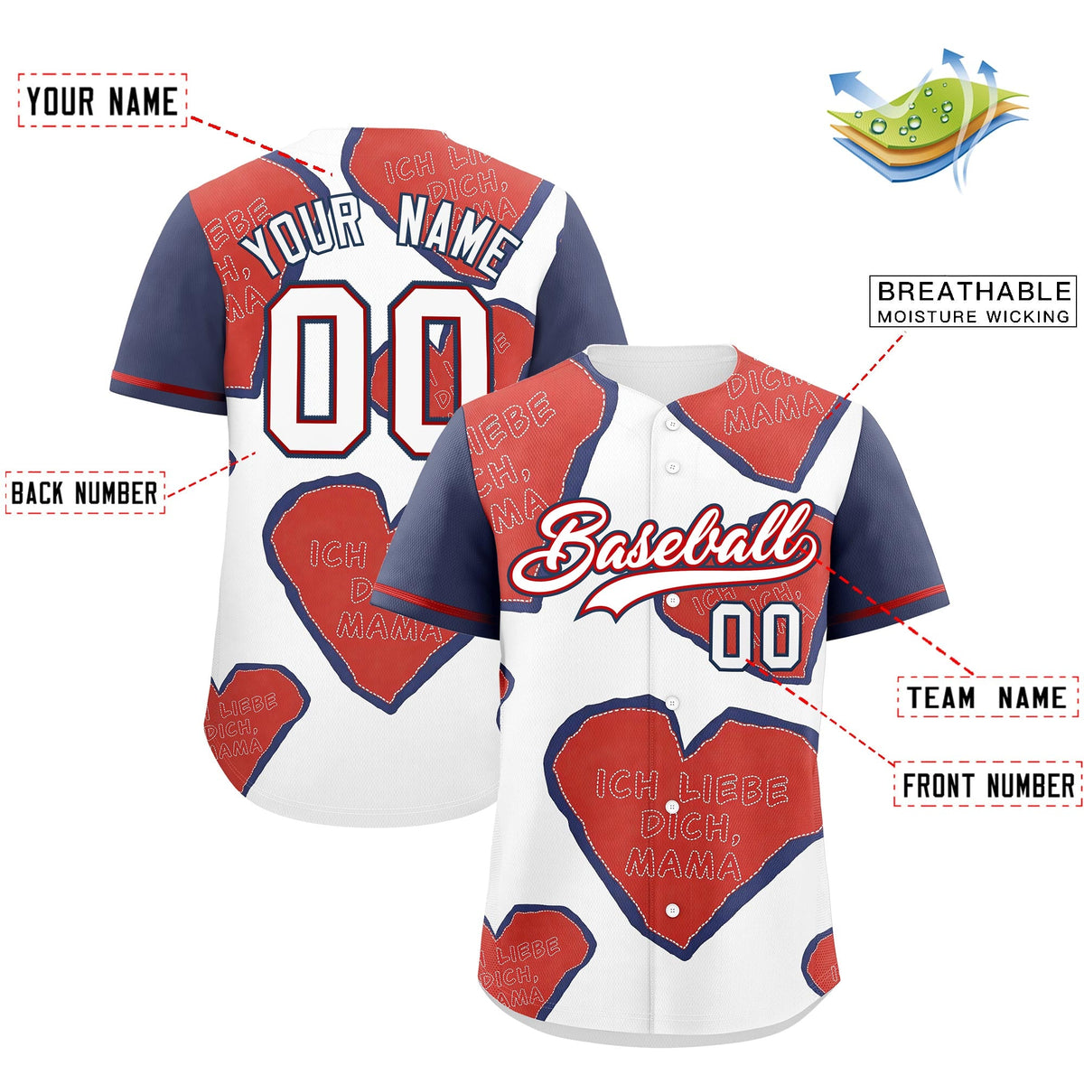 Custom White Red Midnight Blue Mother's Day Style Graffiti Pattern Stretch Fabric Baseball Jersey| KXKSHOP