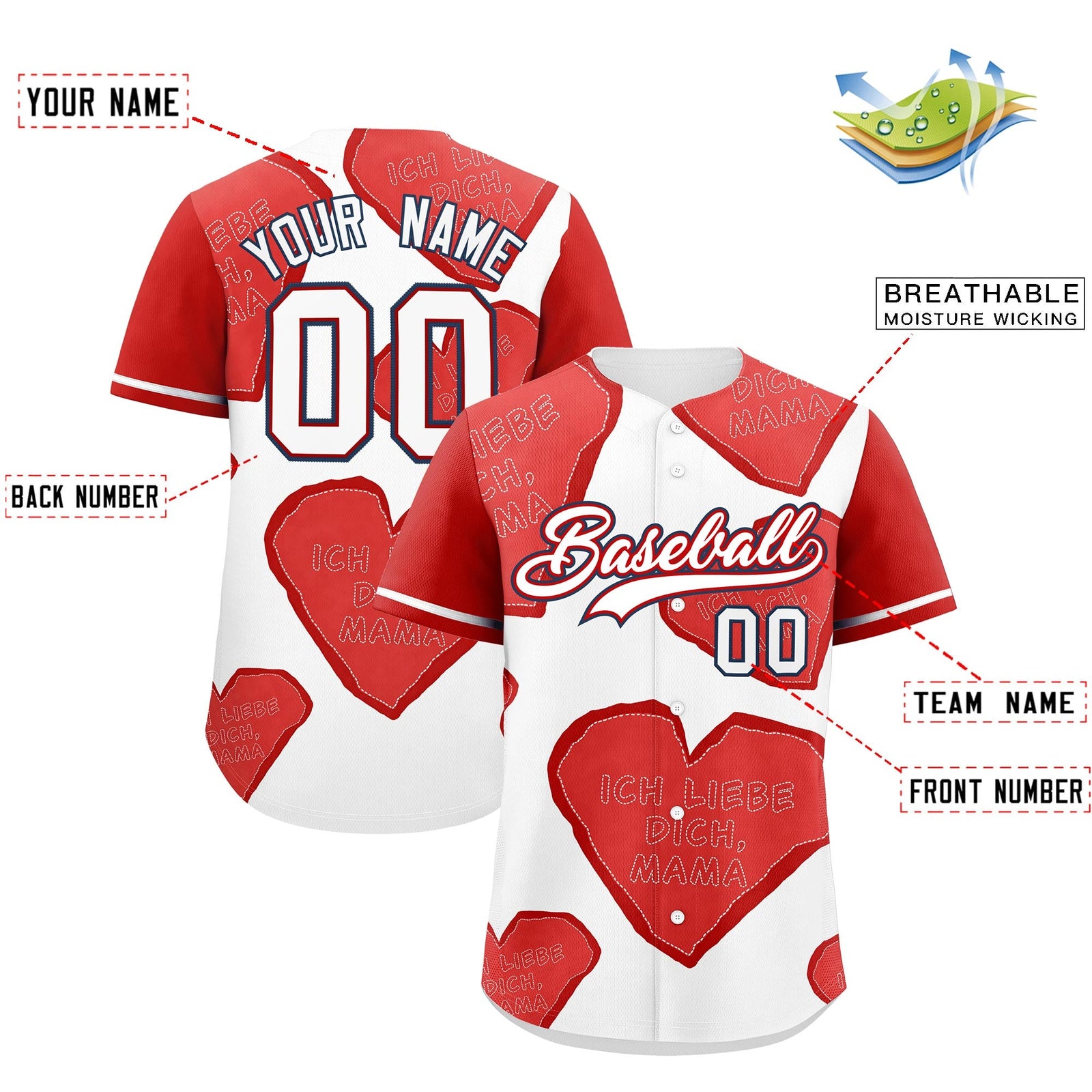 Custom White Red Mother's Day Style Graffiti Pattern Stretch Fabric Baseball Jersey| KXKSHOP