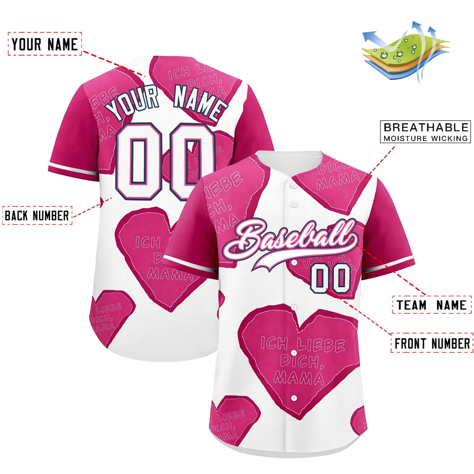 Custom White Pink Mother's Day Style Graffiti Pattern Stretch Fabric Baseball Jersey| KXKSHOP