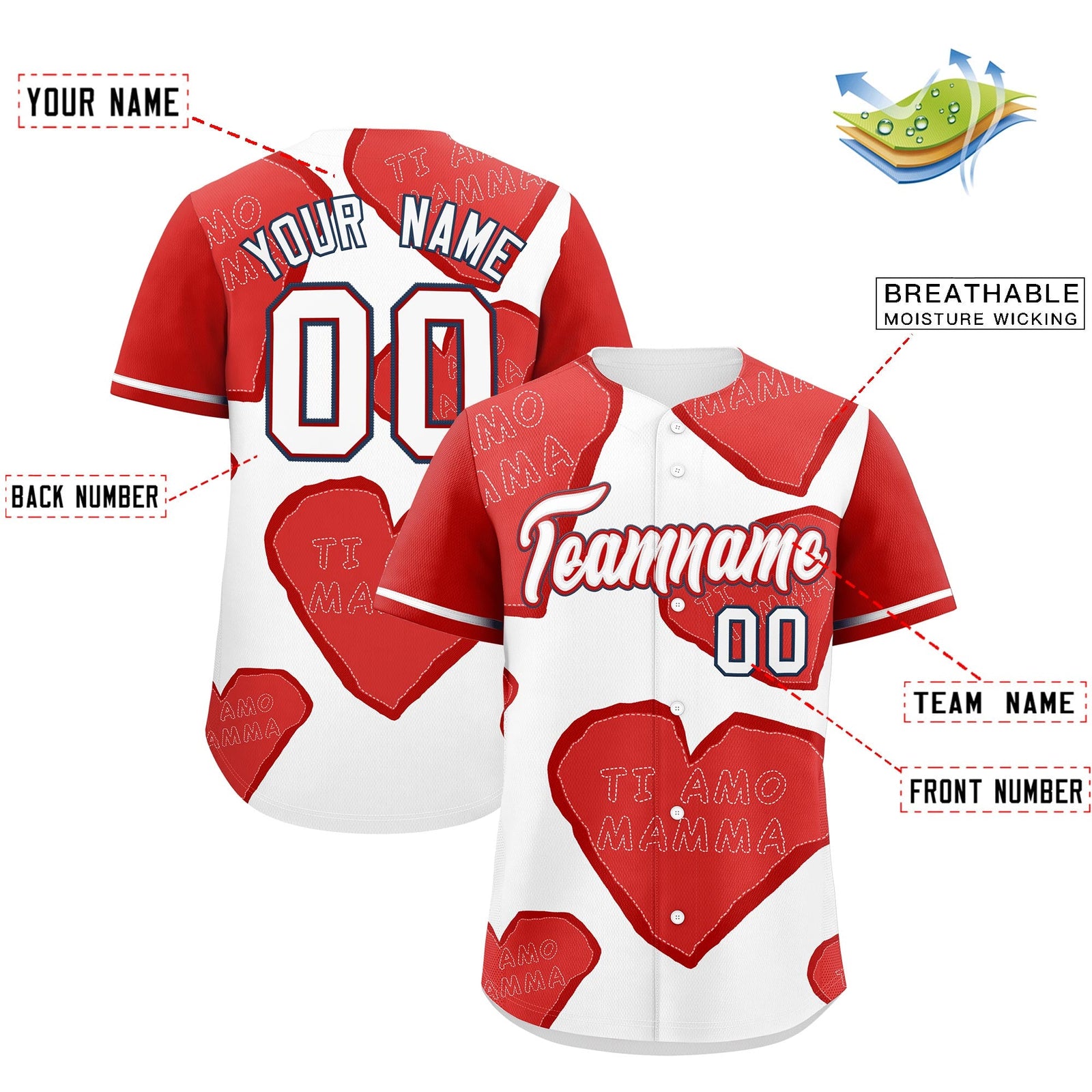 Custom White Red Mother's Day Style Graffiti Pattern Moisture-Wicking Baseball Jersey| KXKSHOP