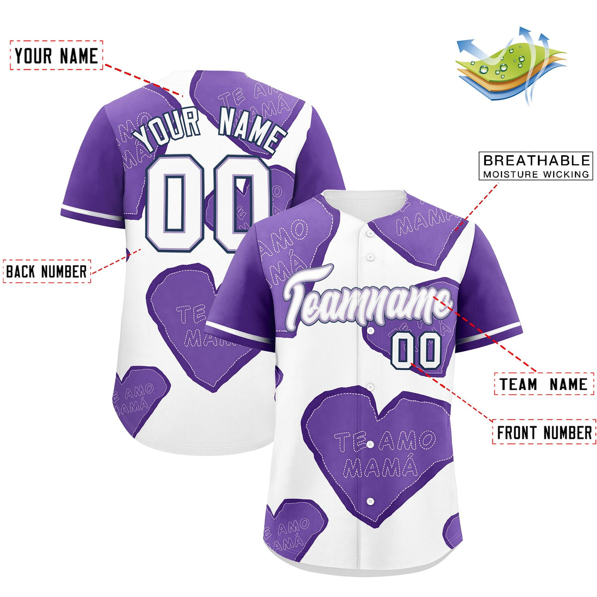 Custom White Light Purple Mother's Day Style Graffiti Pattern Quick Dry Baseball Jersey| KXKSHOP
