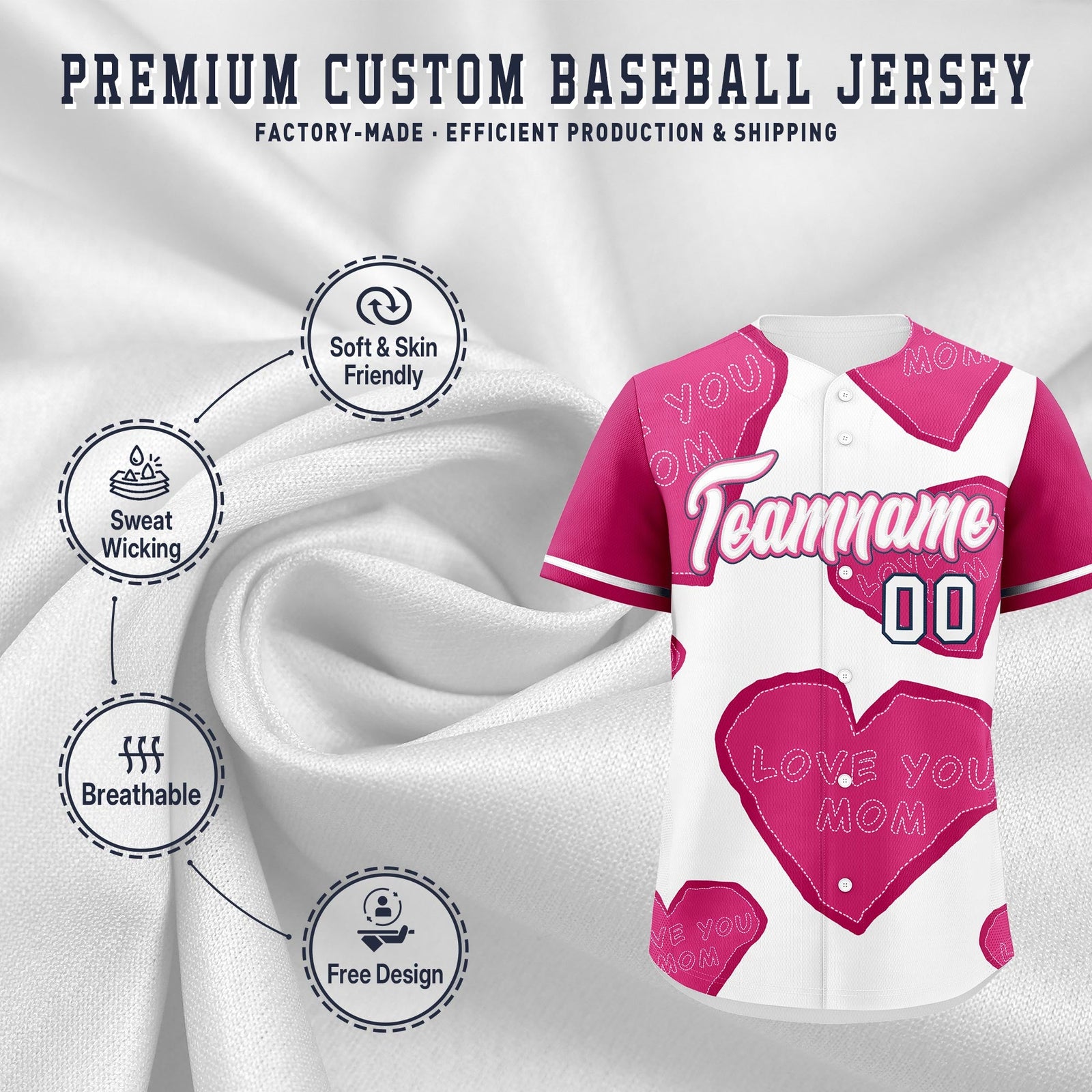 Custom White Pink Mother's Day Style Graffiti Pattern Stretch Fabric Baseball Jersey| KXKSHOP