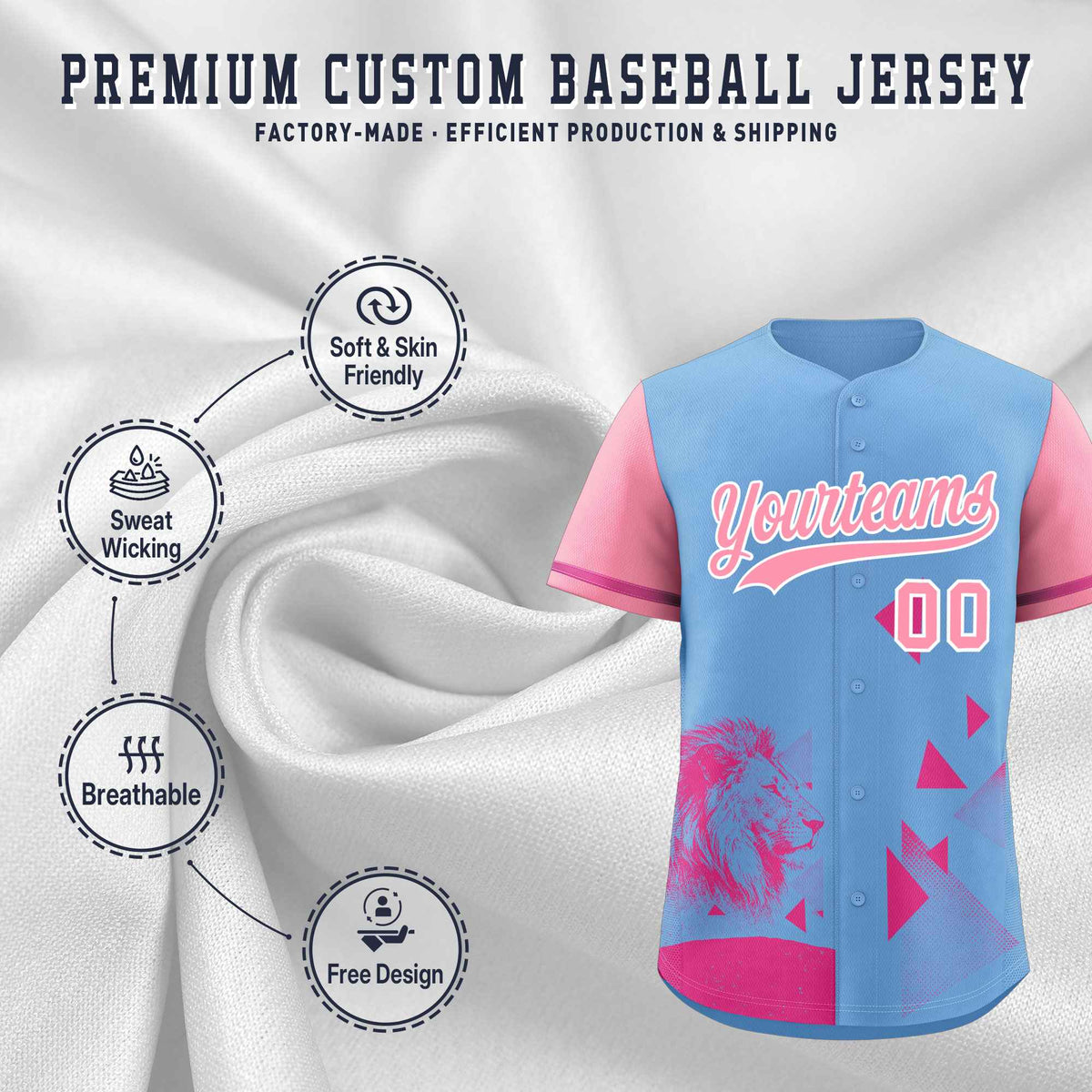Custom Powder Blue Light Pink Raptor Series Raglan Sleeves Wrinkle-Resistant Baseball Jersey