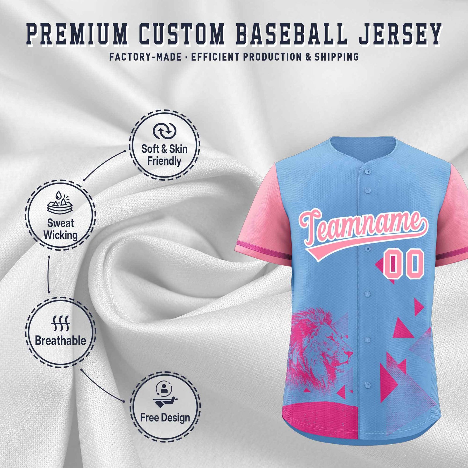 Custom Powder Blue Light Pink Raptor Series Raglan Sleeves Wrinkle-Resistant Baseball Jersey |KXKSHOP