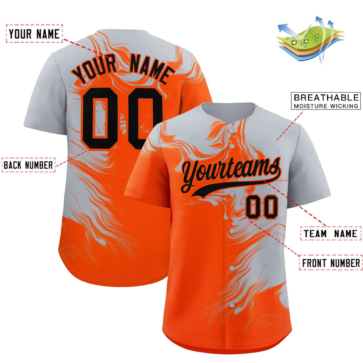Custom Gray Orange Personalized Ink Pattern Authentic Baseball Jersey