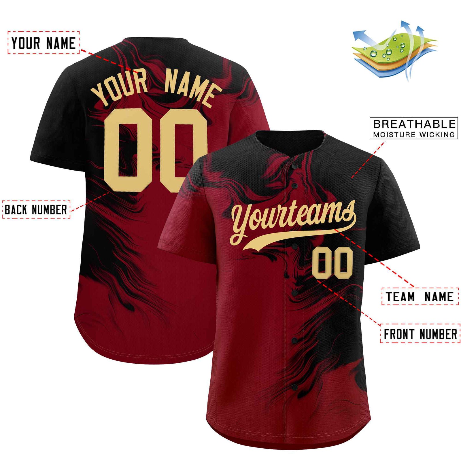 Custom Black Crimson Personalized Ink Pattern Authentic Baseball Jersey