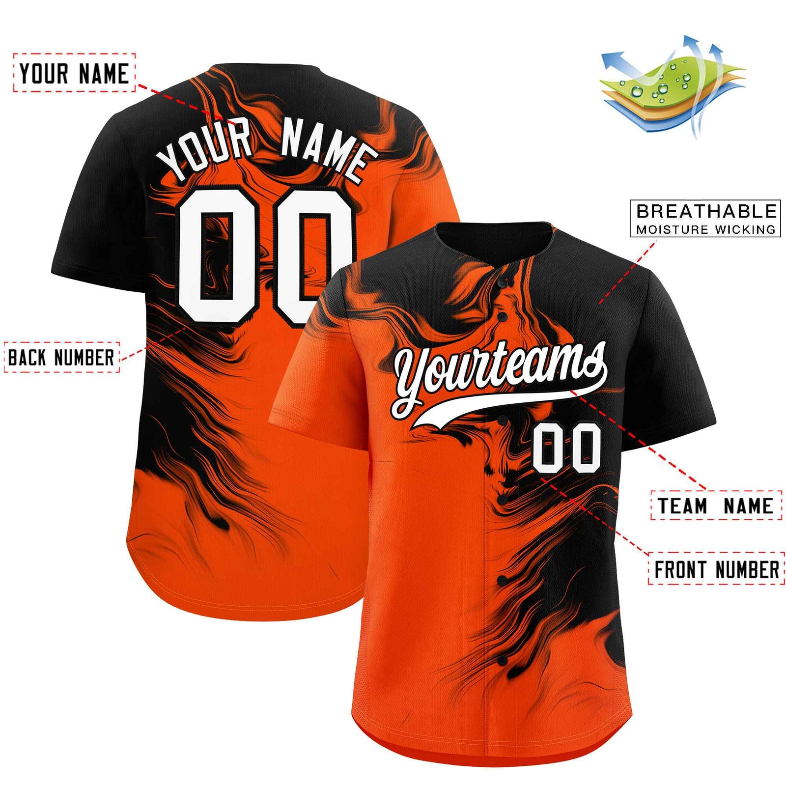 Custom Black Orange Personalized Ink Pattern Authentic Baseball Jersey