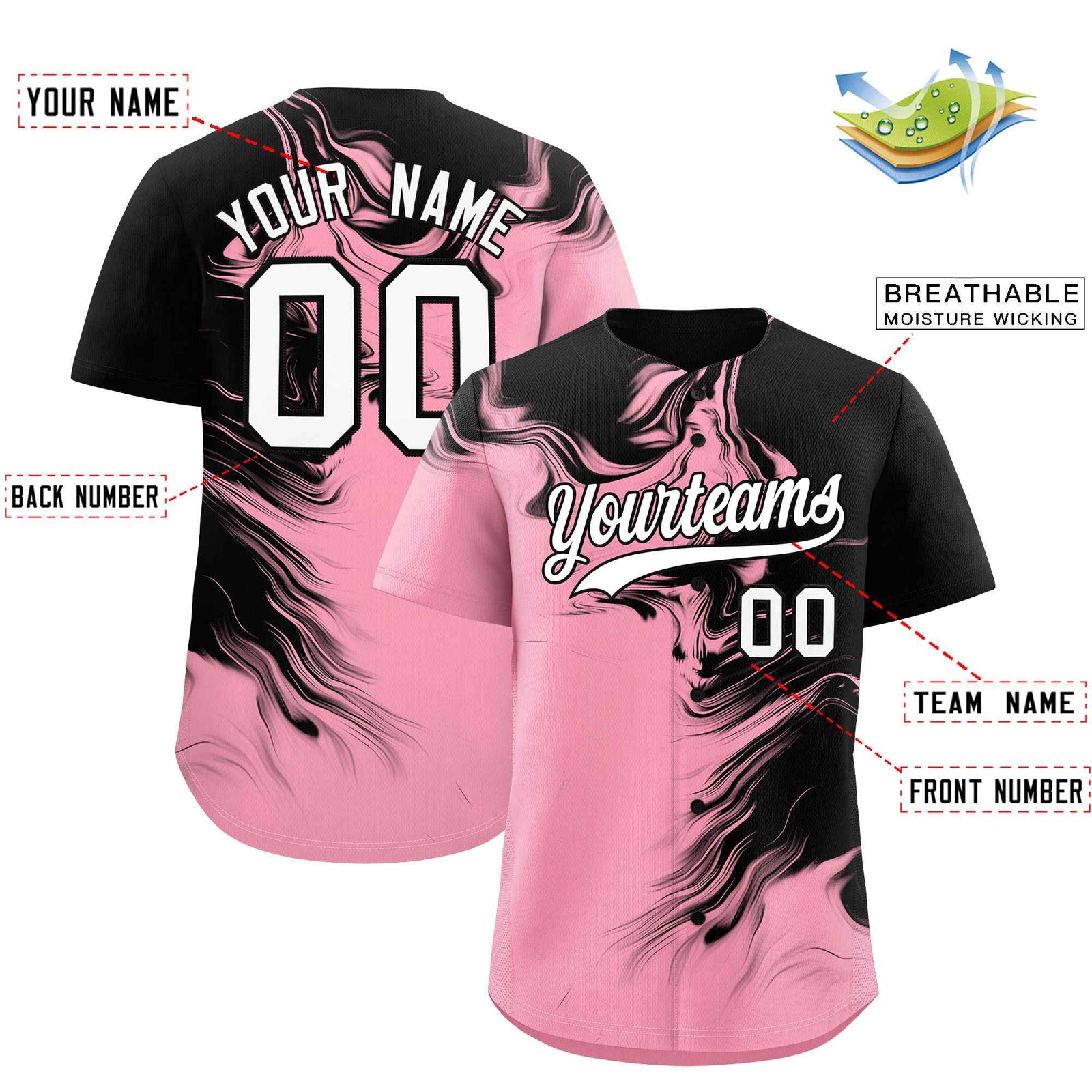 Custom Black Light Pink Personalized Ink Pattern Authentic Baseball Jersey