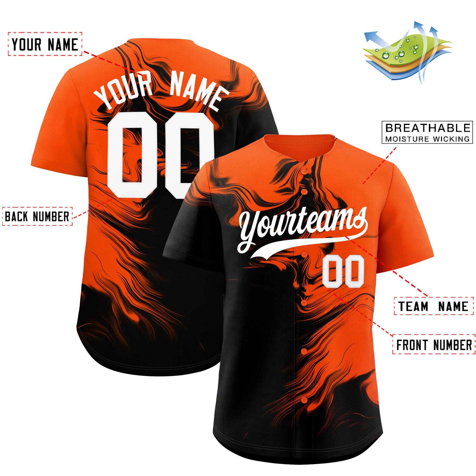 Custom Orange Black Personalized Ink Pattern Authentic Baseball Jersey