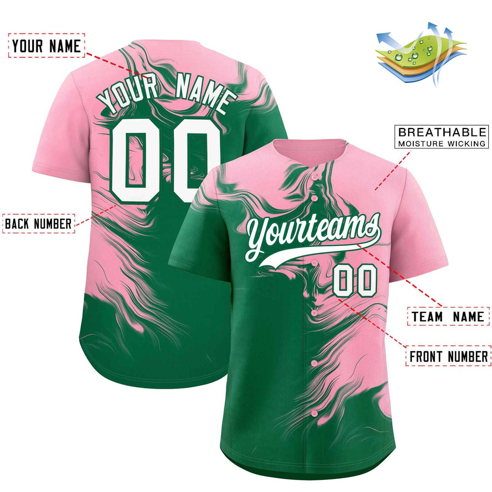 Custom Light Pink Kelly Green Personalized Ink Pattern Authentic Baseball Jersey