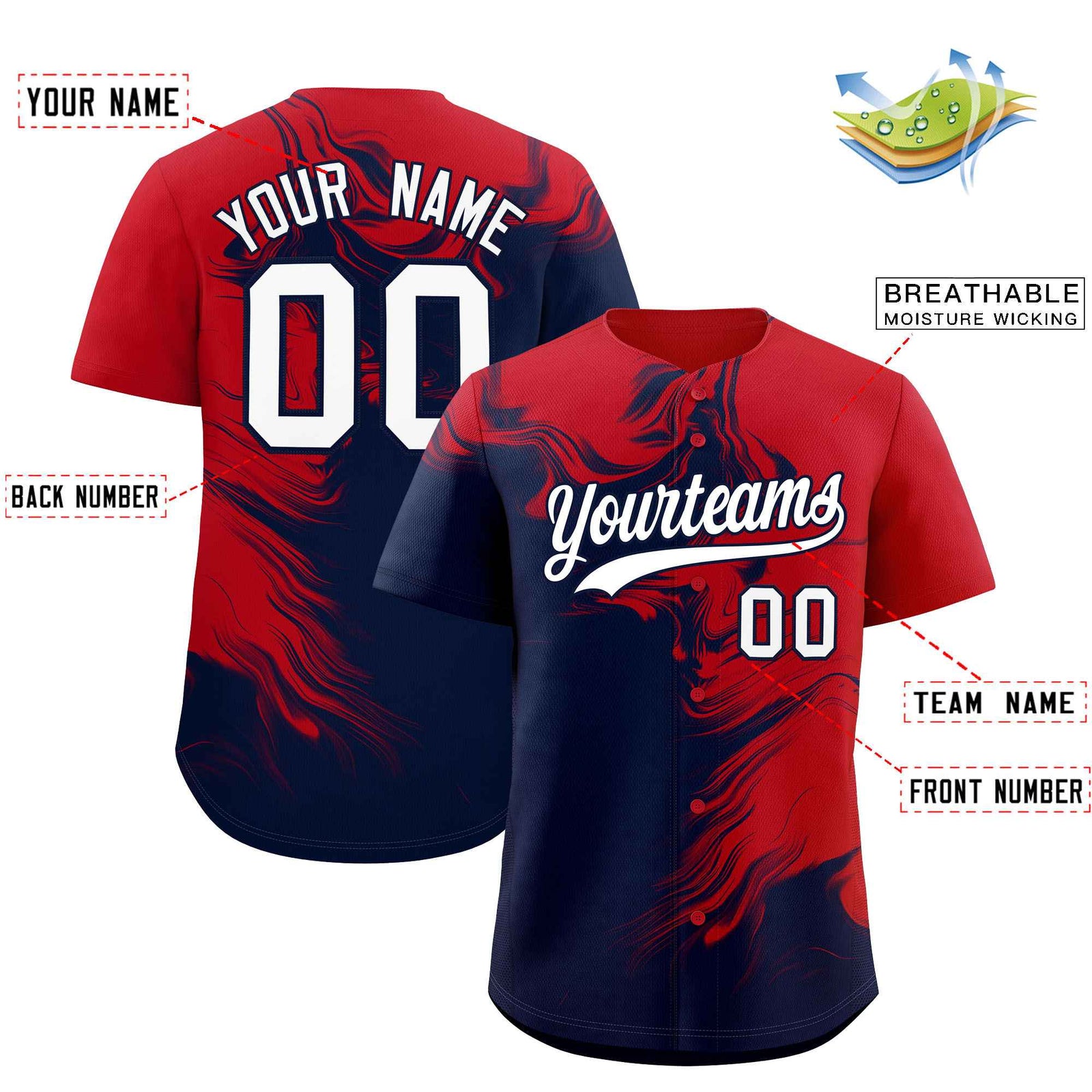 Custom Red Navy Personalized Ink Pattern Authentic Baseball Jersey