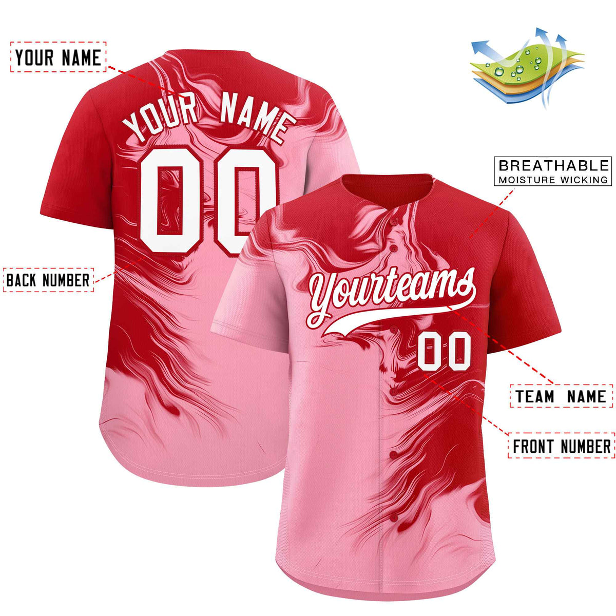 Custom Red Light Pink Personalized Ink Pattern Authentic Baseball Jersey