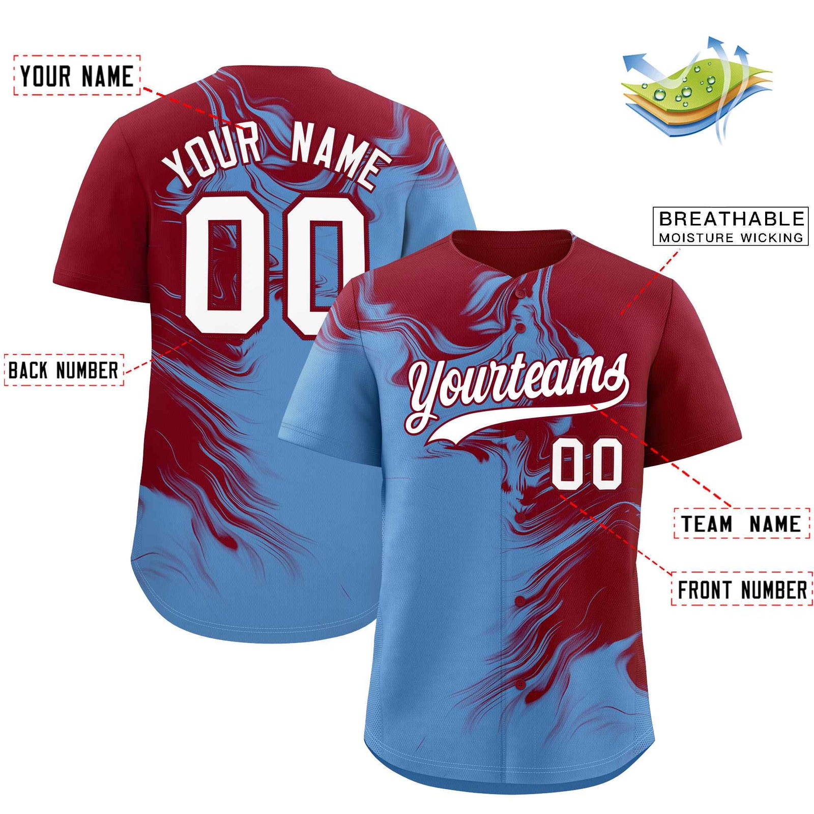 Custom Crimson Powder Blue Personalized Ink Pattern Authentic Baseball Jersey