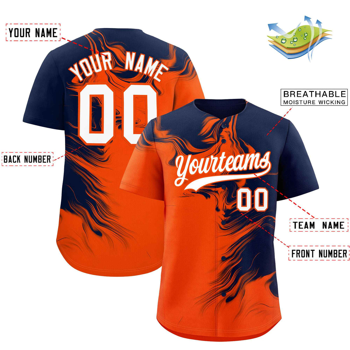 Custom Navy Orange Personalized Ink Pattern Authentic Baseball Jersey