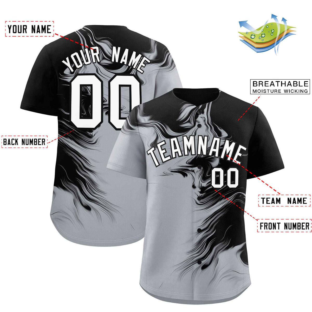 Custom Black Gray Personalized Ink Pattern Authentic Baseball Jersey