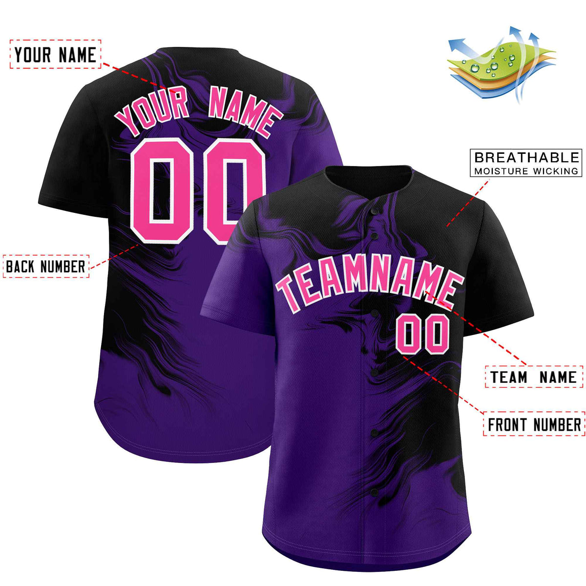 Custom Black Purple Personalized Ink Pattern Authentic Baseball Jersey