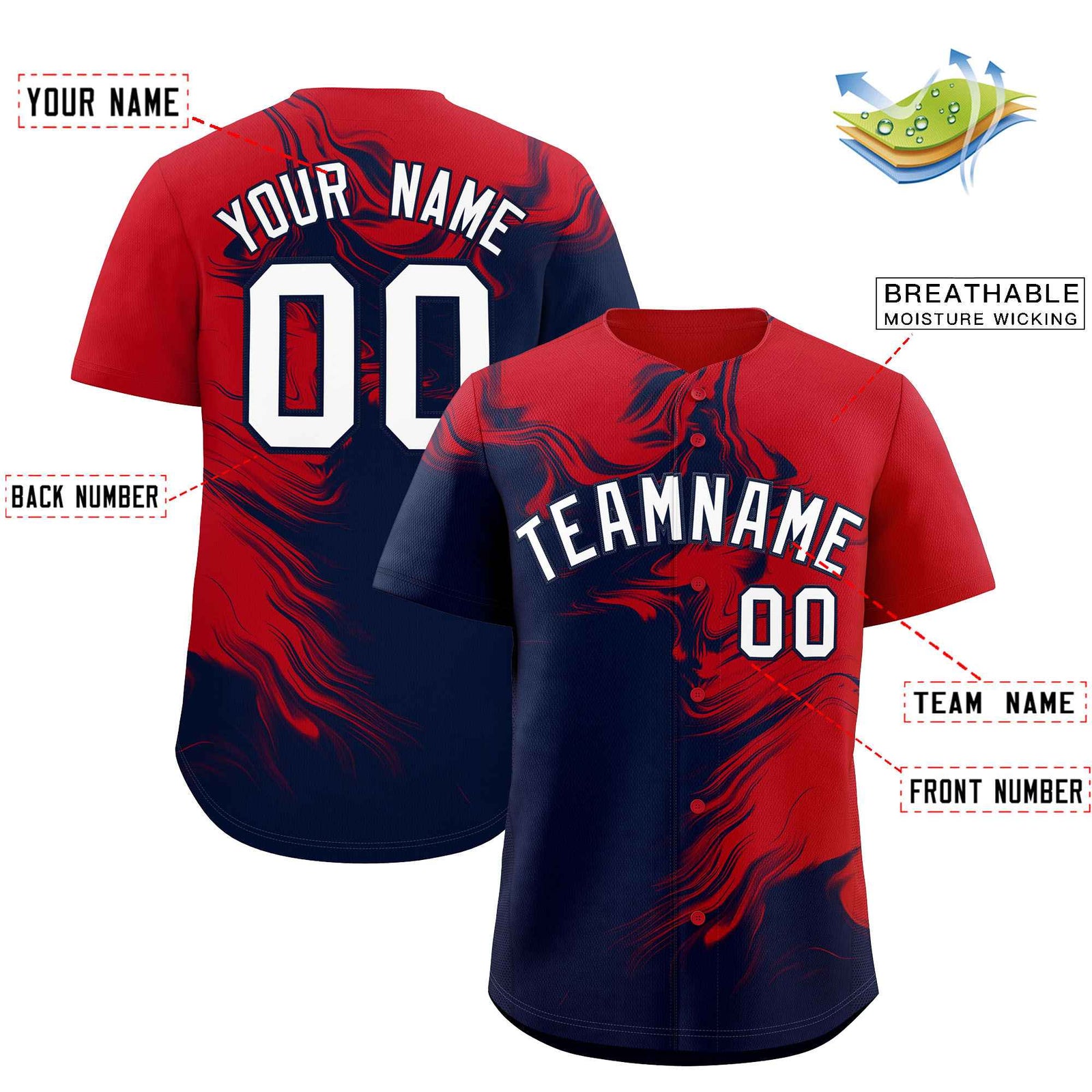 Custom Red Navy Personalized Ink Pattern Authentic Baseball Jersey