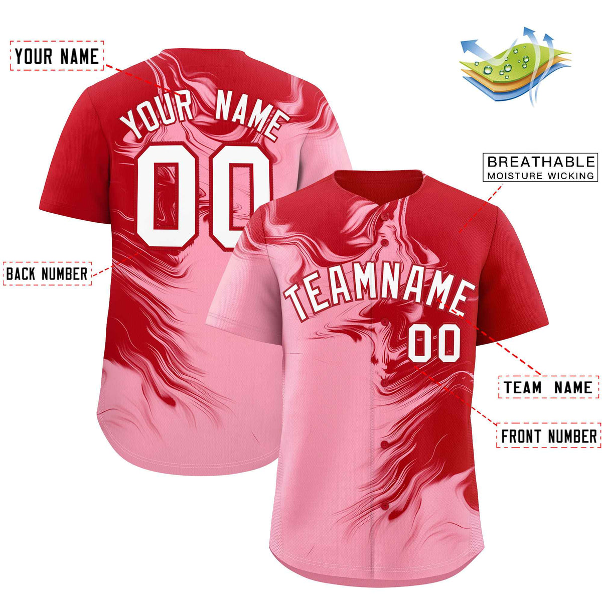 Custom Red Light Pink Personalized Ink Pattern Authentic Baseball Jersey
