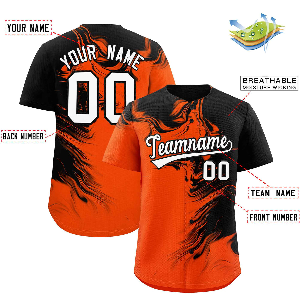 Custom Black Orange Personalized Ink Pattern Authentic Baseball Jersey