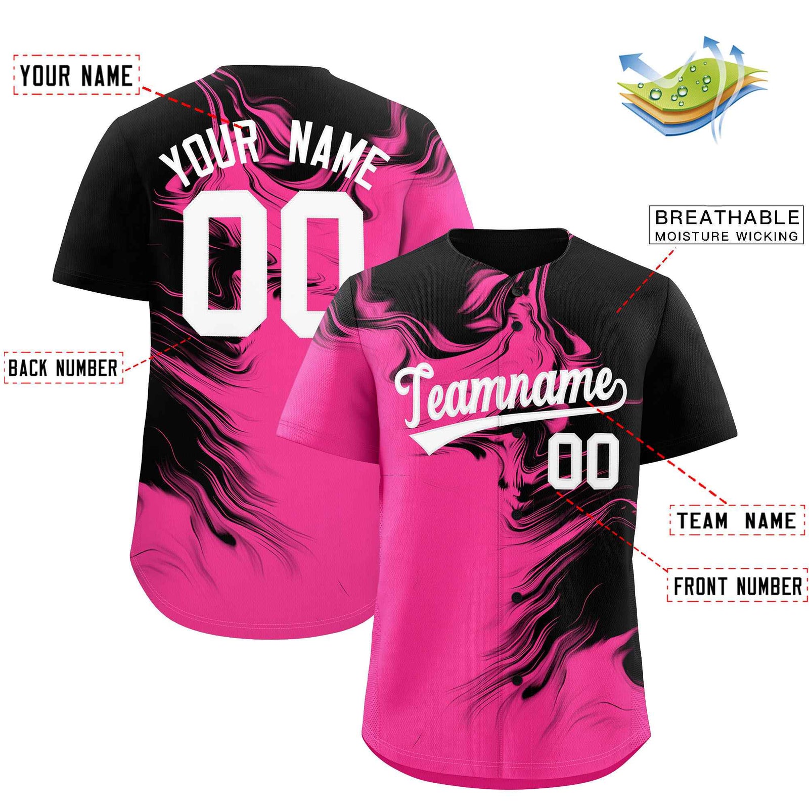 Custom Black Pink Personalized Ink Pattern Authentic Baseball Jersey