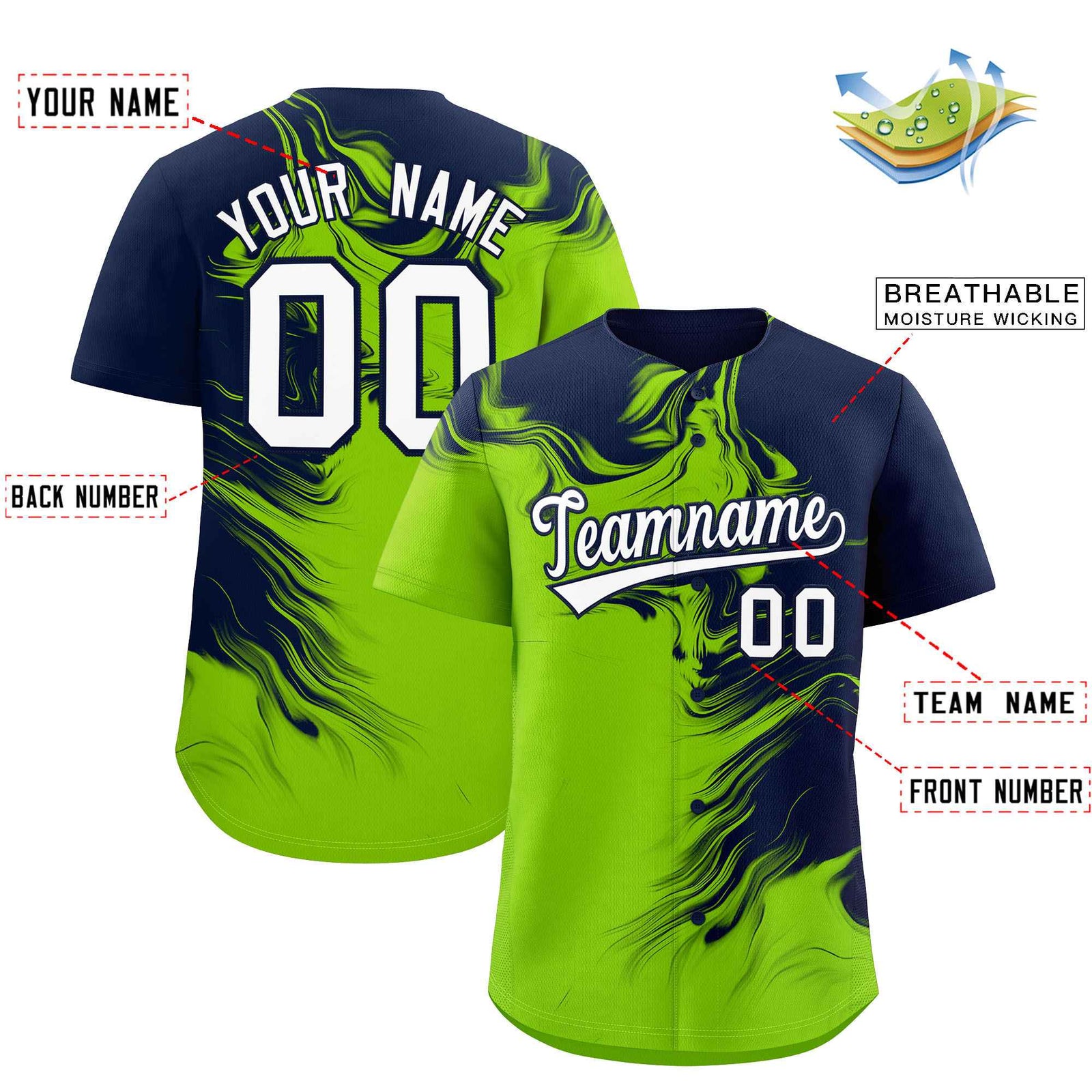 Custom Navy Neon Green Personalized Ink Pattern Authentic Baseball Jersey