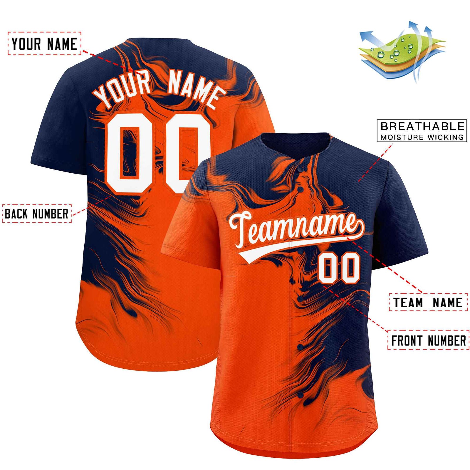 Custom Navy Orange Personalized Ink Pattern Authentic Baseball Jersey