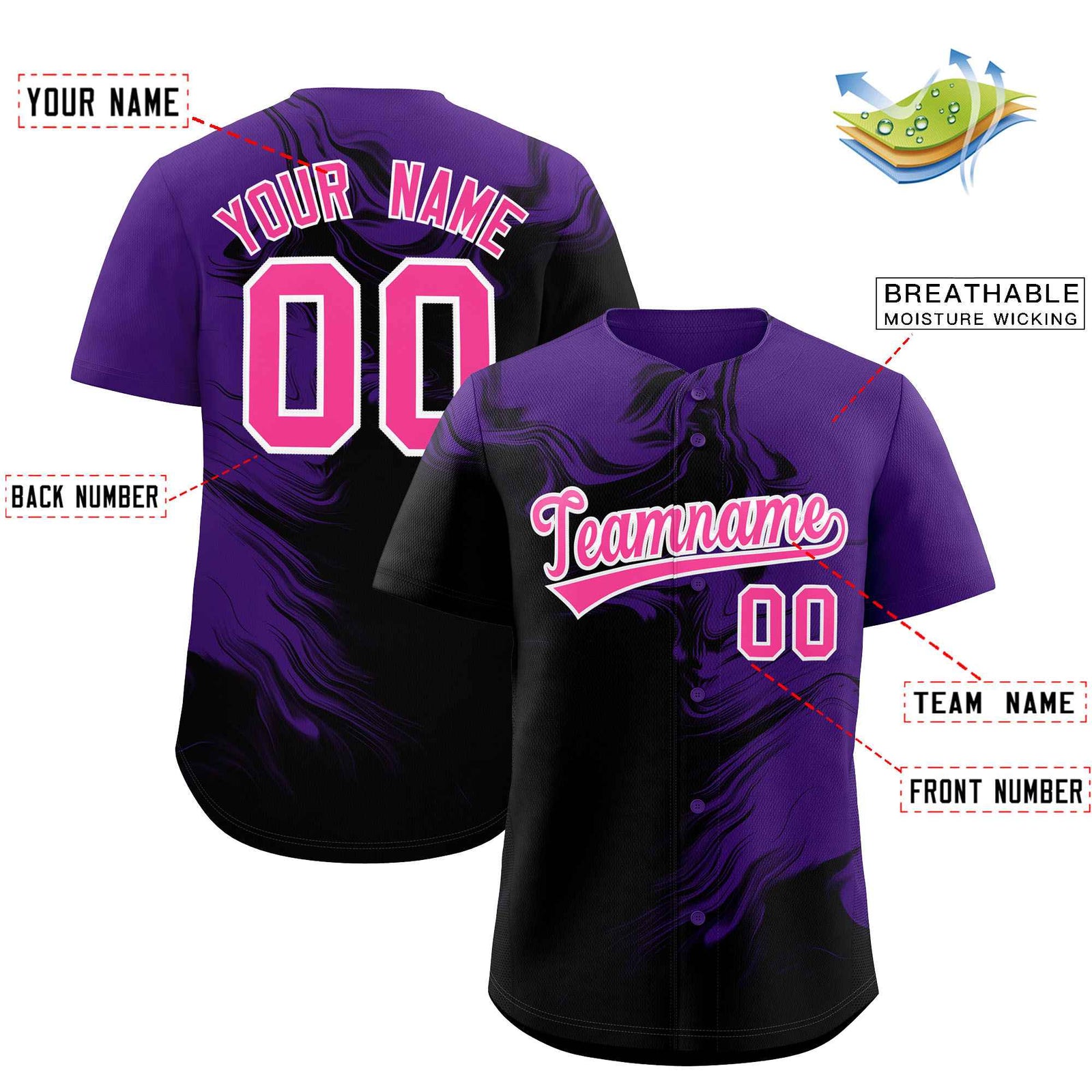 Custom Purple Black Personalized Ink Pattern Authentic Baseball Jersey
