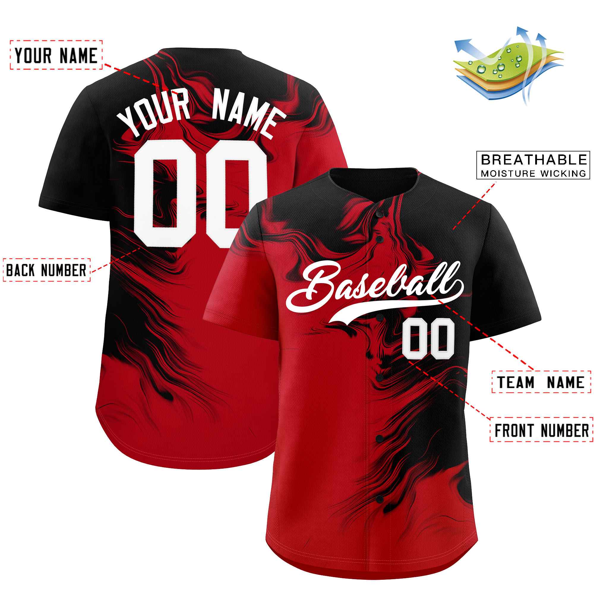 Custom Black Red Personalized Ink Pattern Authentic Baseball Jersey