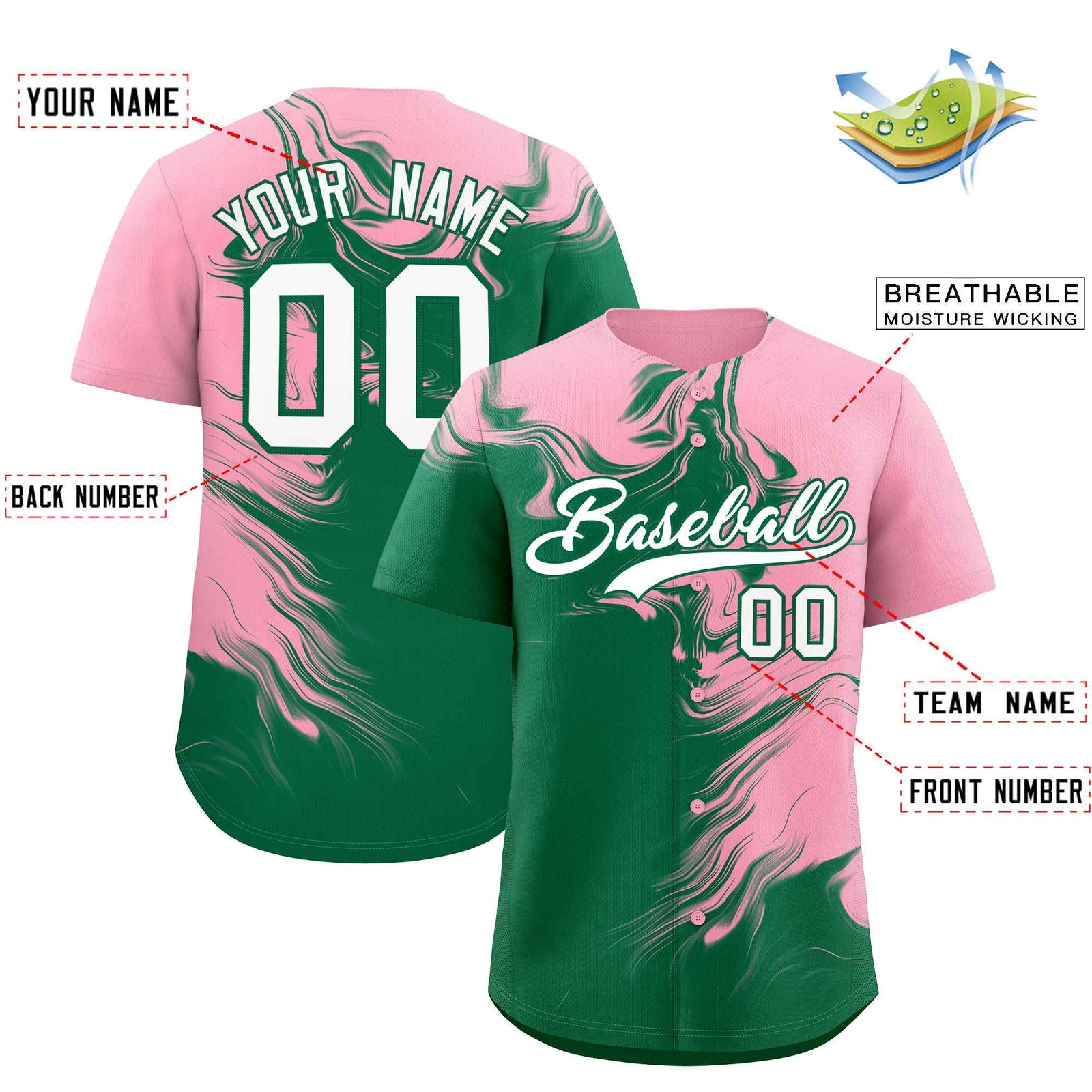 Custom Light Pink Kelly Green Personalized Ink Pattern Authentic Baseball Jersey