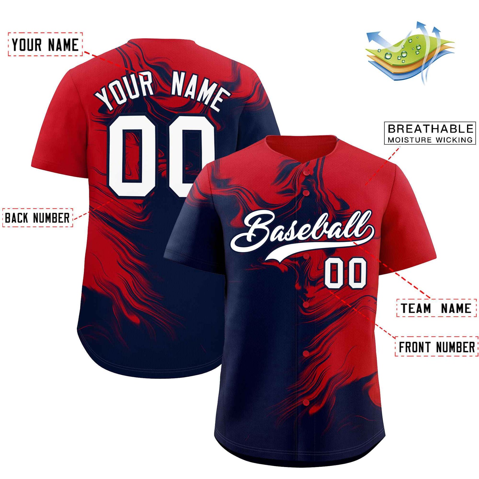 Custom Red Navy Personalized Ink Pattern Authentic Baseball Jersey