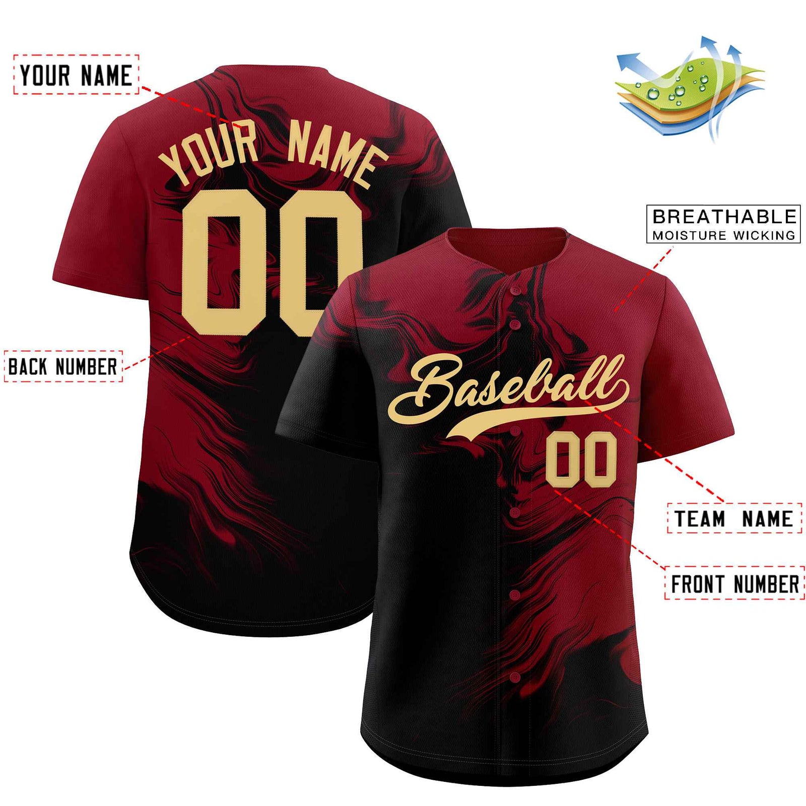 Custom Crimson Black Personalized Ink Pattern Authentic Baseball Jersey