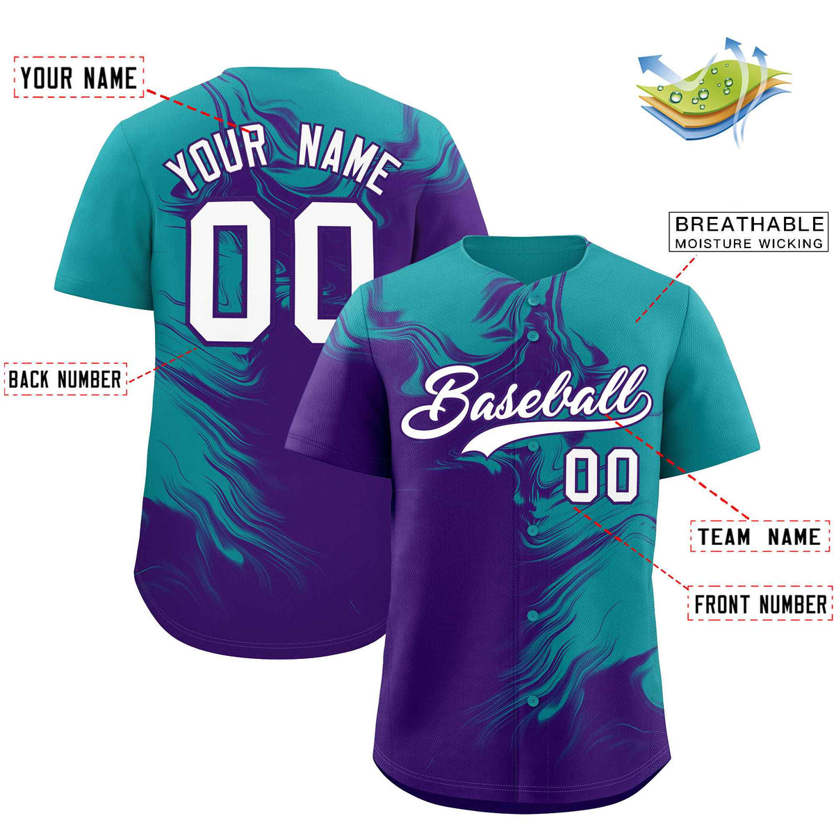 Custom Aqua Purple Personalized Ink Pattern Authentic Baseball Jersey