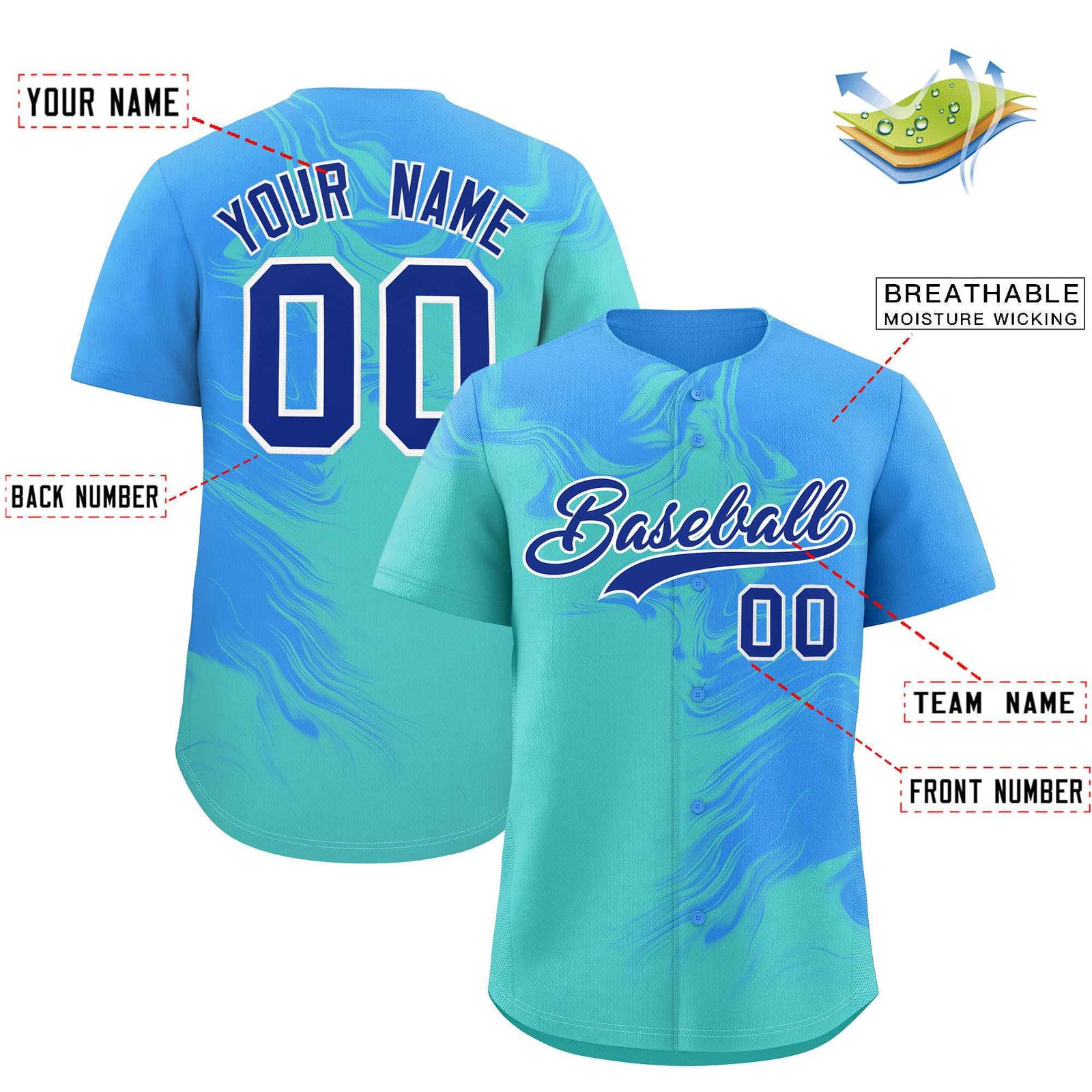 Custom Powder Blue Bright Green Personalized Ink Pattern Authentic Baseball Jersey